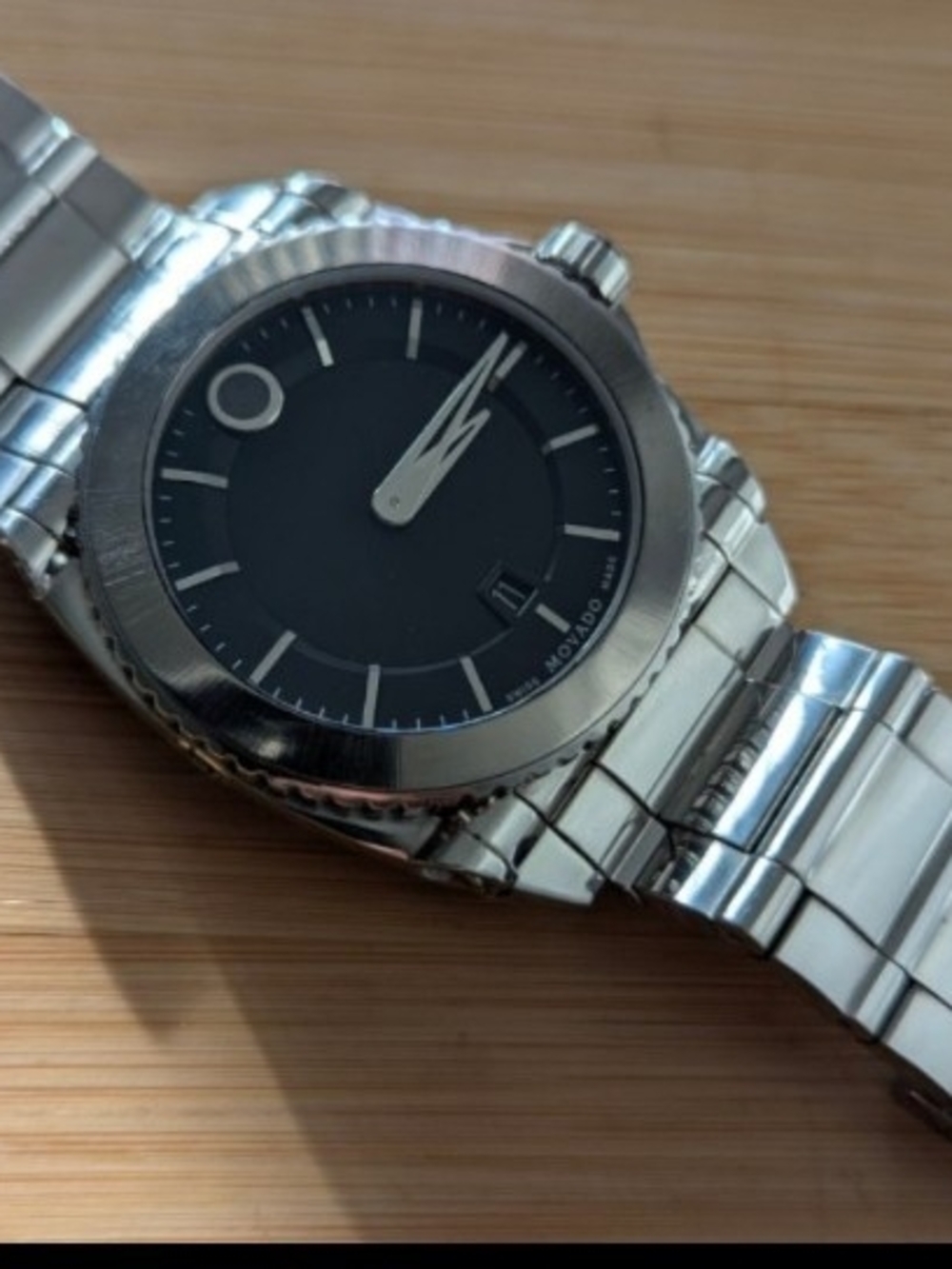 Movado Silver Stainless Steel Watch with Black Dial